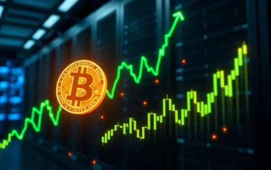 Analysis of Bitcoin and XRP price surge showing digital market data visualization.