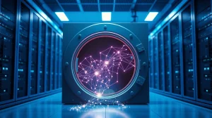 Chainlink token unlock visualized as data flowing from a digital vault into financial markets