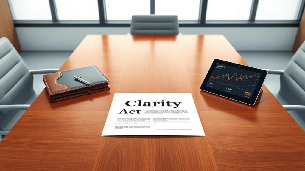 The Clarity Act document on a table between symbols of traditional banking and cryptocurrency.