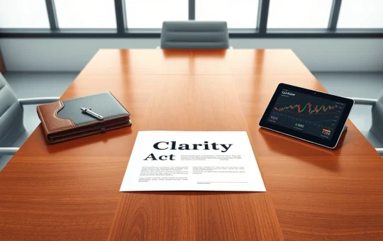 The Clarity Act document on a table between symbols of traditional banking and cryptocurrency.