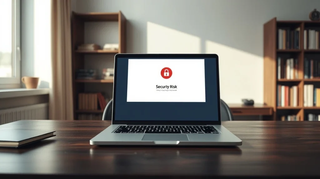 Laptop screen showing a security warning after the CoWSwap hack, illustrating the frontend attack risk.