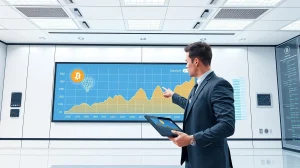 Data center energy analyst monitoring crypto and AI power consumption on a digital display.