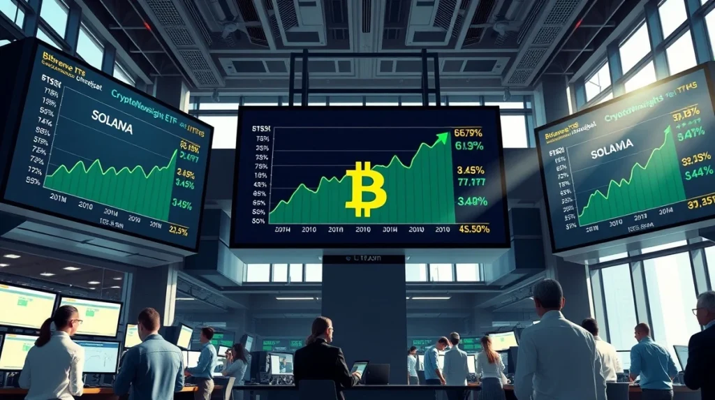 Crypto ETFs surge with Bitcoin and Solana funds showing massive inflows on trading screens