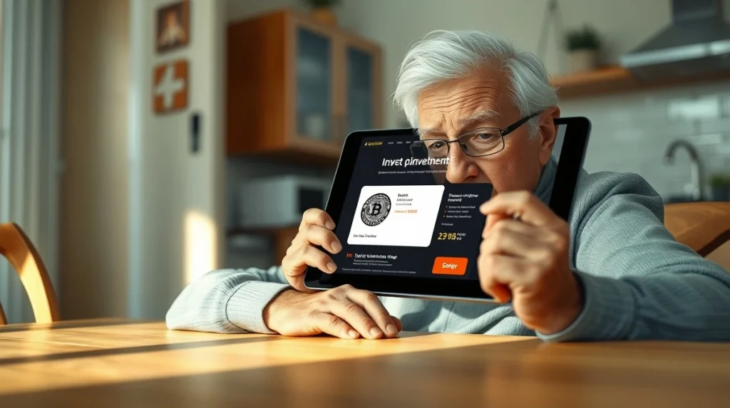 Elderly victim targeted by cryptocurrency fraud scheme on digital tablet
