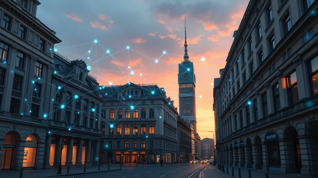 European financial district with blockchain network overlay representing digital euro infrastructure