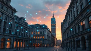 European financial district with blockchain network overlay representing digital euro infrastructure