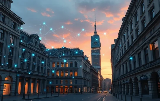 European financial district with blockchain network overlay representing digital euro infrastructure