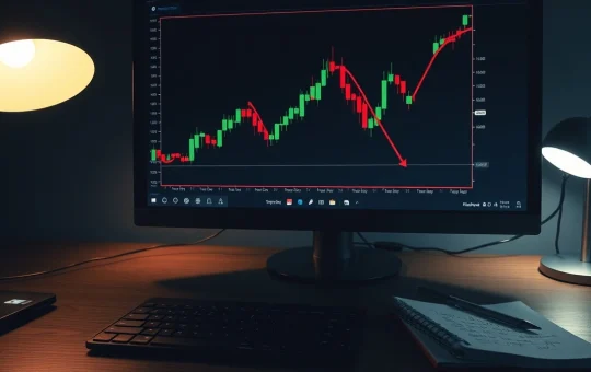 Analysis of CryptoNewsInsights price chart showing a sharp decline on a trading desk monitor.