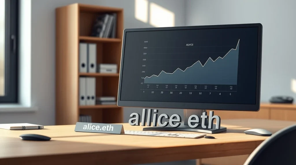 Analyst's desk with chart and physical 'alice.eth' nameplate representing ENS price prediction research.