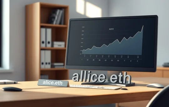 Analyst's desk with chart and physical 'alice.eth' nameplate representing ENS price prediction research.