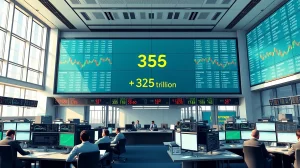 J.P. Morgan trading floor with screens showing ETF automation surge and $35 trillion market milestone data
