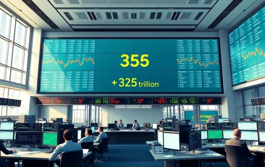 J.P. Morgan trading floor with screens showing ETF automation surge and $35 trillion market milestone data