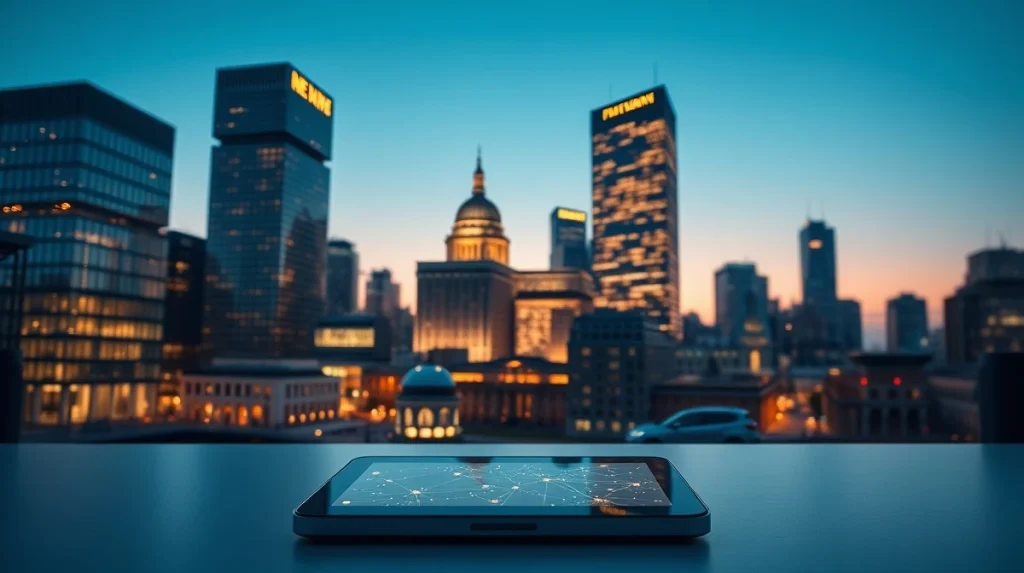 European financial district merging with digital blockchain networks, symbolizing the acceleration of bank tokenization.