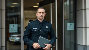 FCA and police officers conducting enforcement action at a London location during crypto trading crackdown.
