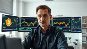 Fidelity analyst monitoring Bitcoin ETP flows and gold market data on computer screens in professional office setting