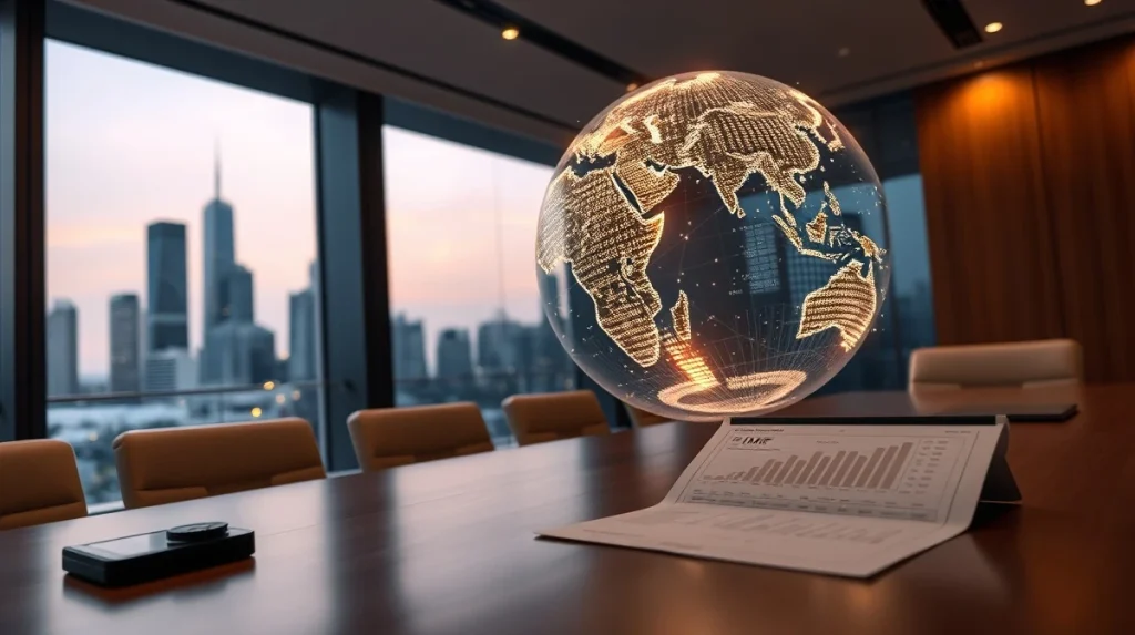 Illustration of the IMF's tokenization roadmap for global finance, showing digital data flows within a world map.