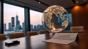 Illustration of the IMF's tokenization roadmap for global finance, showing digital data flows within a world map.