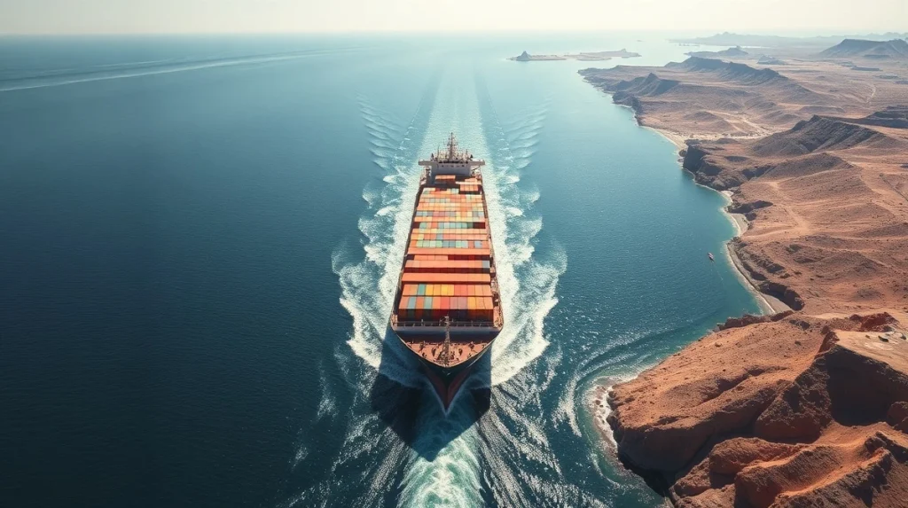 Container ship transiting the strategic Strait of Hormuz waterway near Iran.