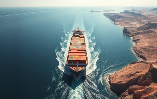 Container ship transiting the strategic Strait of Hormuz waterway near Iran.