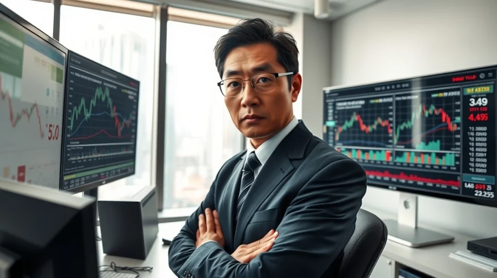Japanese financial analyst monitoring bond yields and cryptocurrency markets in Tokyo office