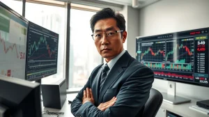 Japanese financial analyst monitoring bond yields and cryptocurrency markets in Tokyo office