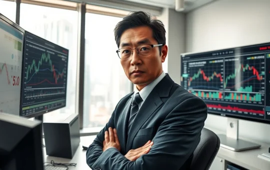 Japanese financial analyst monitoring bond yields and cryptocurrency markets in Tokyo office