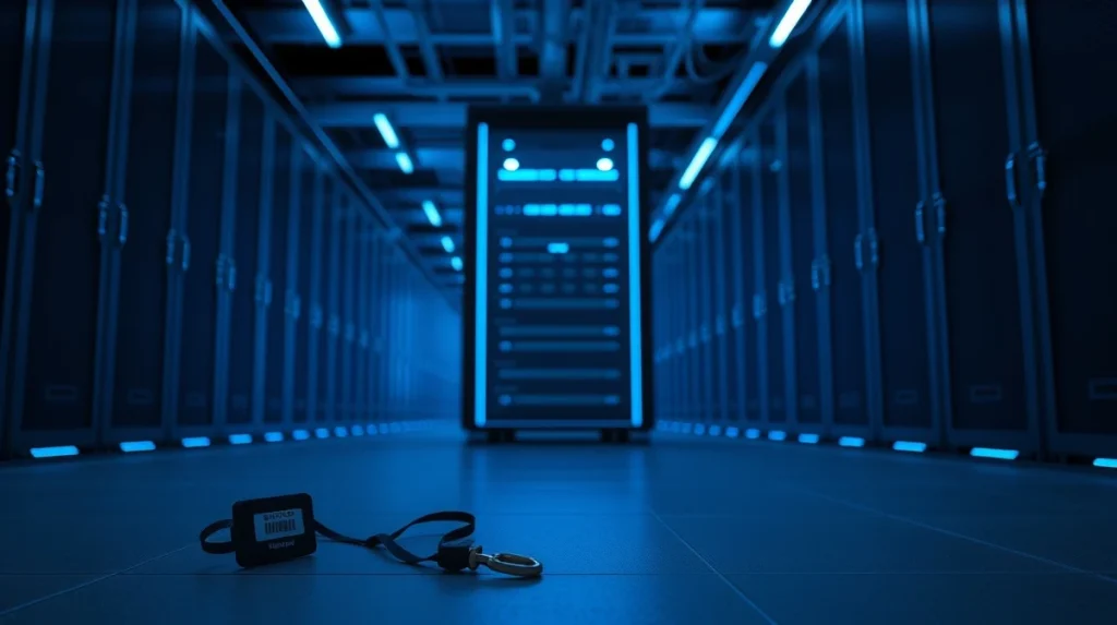 Kraken security alert and insider blackmail threat to customer data privacy in server room.