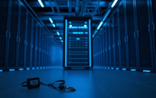 Kraken security alert and insider blackmail threat to customer data privacy in server room.