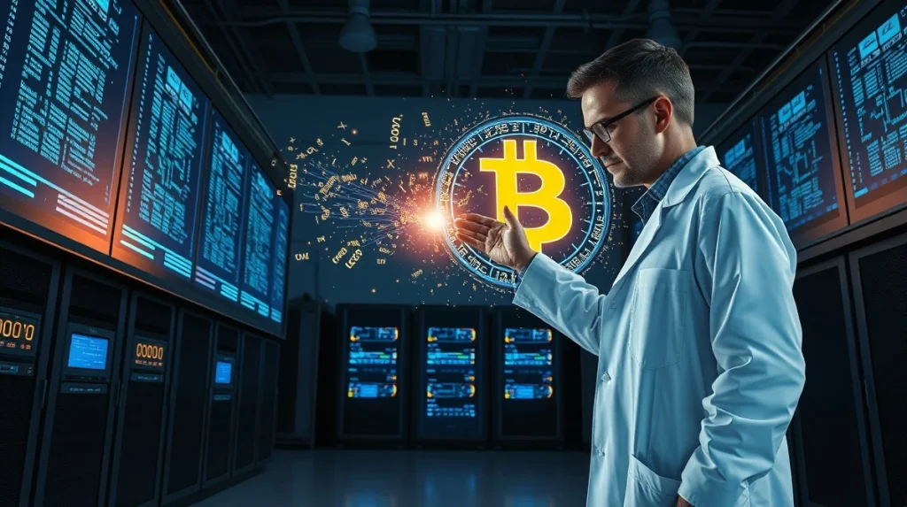 Researcher in lab with holographic display showing the largest ECC attack and a Bitcoin symbol, representing the quantum break in cryptography.