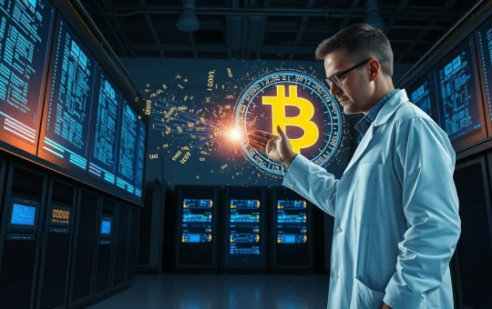 Researcher in lab with holographic display showing the largest ECC attack and a Bitcoin symbol, representing the quantum break in cryptography.