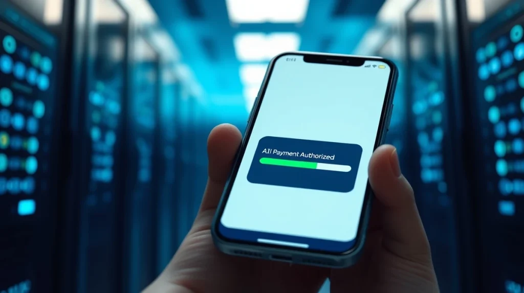 Secure AI payment authorization interface on a smartphone screen for Mastercard and Lobster.cash system.