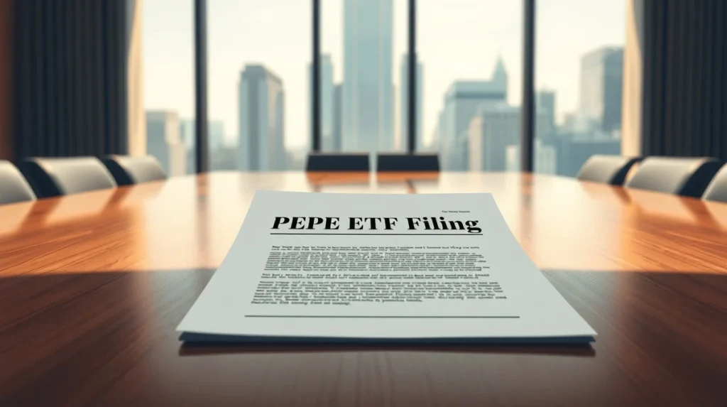 A formal document representing Canary Capital's PEPE ETF filing with the SEC on a boardroom table.