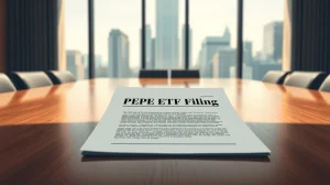 A formal document representing Canary Capital's PEPE ETF filing with the SEC on a boardroom table.