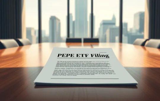 A formal document representing Canary Capital's PEPE ETF filing with the SEC on a boardroom table.