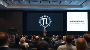 Pi Network founder speaking on stage at the Consensus 2026 blockchain conference.