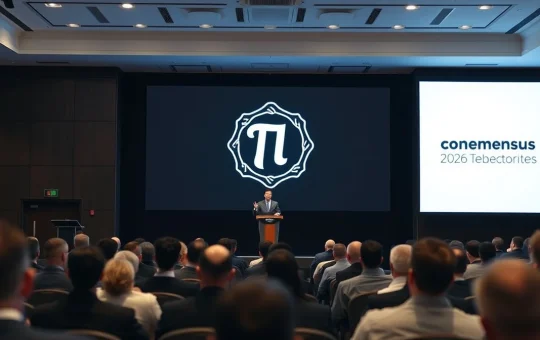 Pi Network founder speaking on stage at the Consensus 2026 blockchain conference.