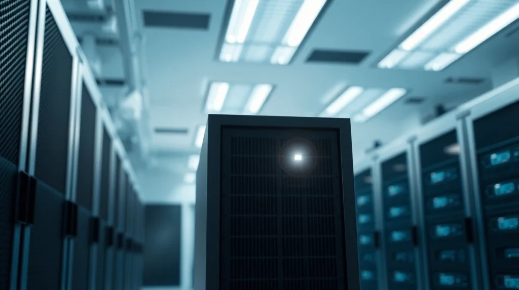 Pi Network node server with critical status light in a data center, representing the operator deadline.