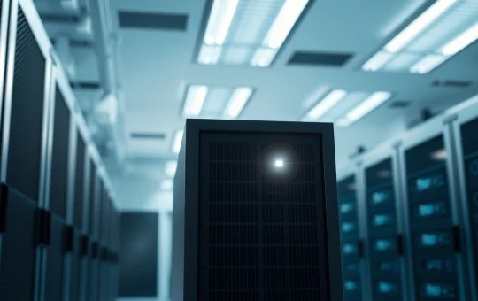 Pi Network node server with critical status light in a data center, representing the operator deadline.