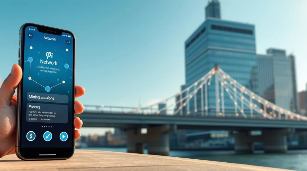 Conceptual bridge linking Pi Network mobile mining to traditional Wall Street finance through blockchain technology.