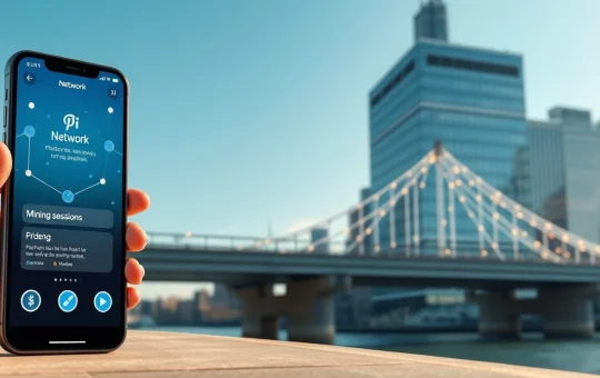 Conceptual bridge linking Pi Network mobile mining to traditional Wall Street finance through blockchain technology.