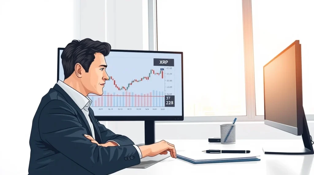 Financial analyst reviews XRP cryptocurrency market data and price chart for realistic assessment.