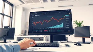 Financial trading desk monitor showing Ethereum and meme coin price charts following Schwab's major crypto announcement.