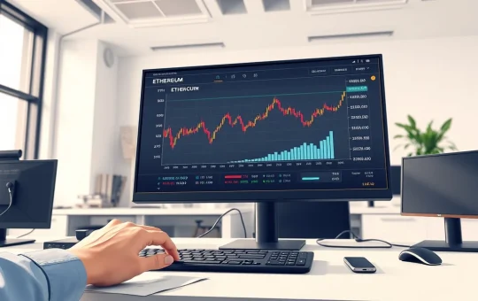 Financial trading desk monitor showing Ethereum and meme coin price charts following Schwab's major crypto announcement.