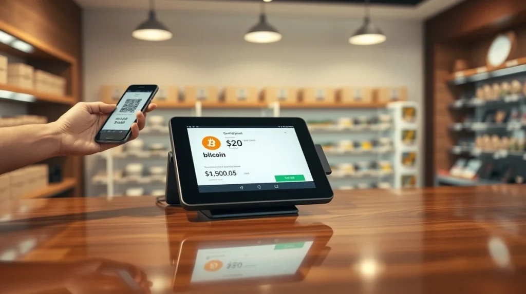 Square point-of-sale system processing a Bitcoin payment in a retail store.