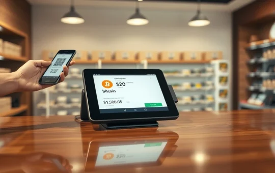 Square point-of-sale system processing a Bitcoin payment in a retail store.