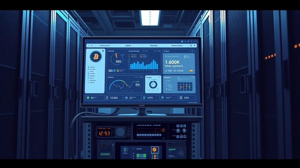 Tether MDK for Bitcoin miners displayed on a monitor in a data center, representing the open-source mining toolkit.