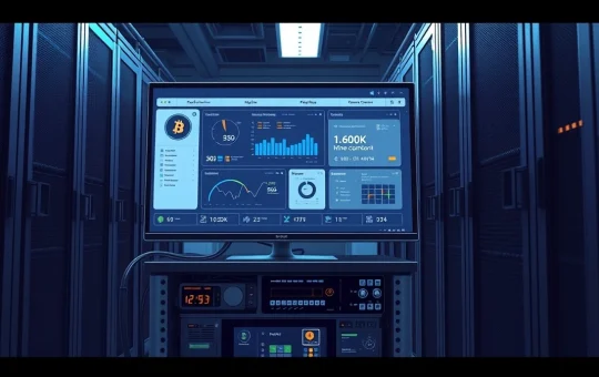 Tether MDK for Bitcoin miners displayed on a monitor in a data center, representing the open-source mining toolkit.