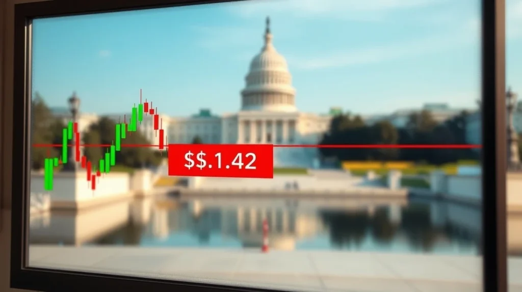 XRP price chart analysis with key $1.42 resistance level and U.S. Capitol background.
