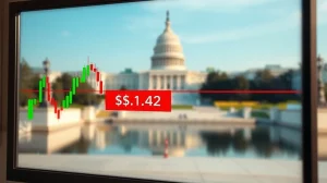 XRP price chart analysis with key $1.42 resistance level and U.S. Capitol background.