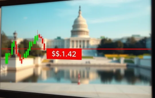 XRP price chart analysis with key $1.42 resistance level and U.S. Capitol background.